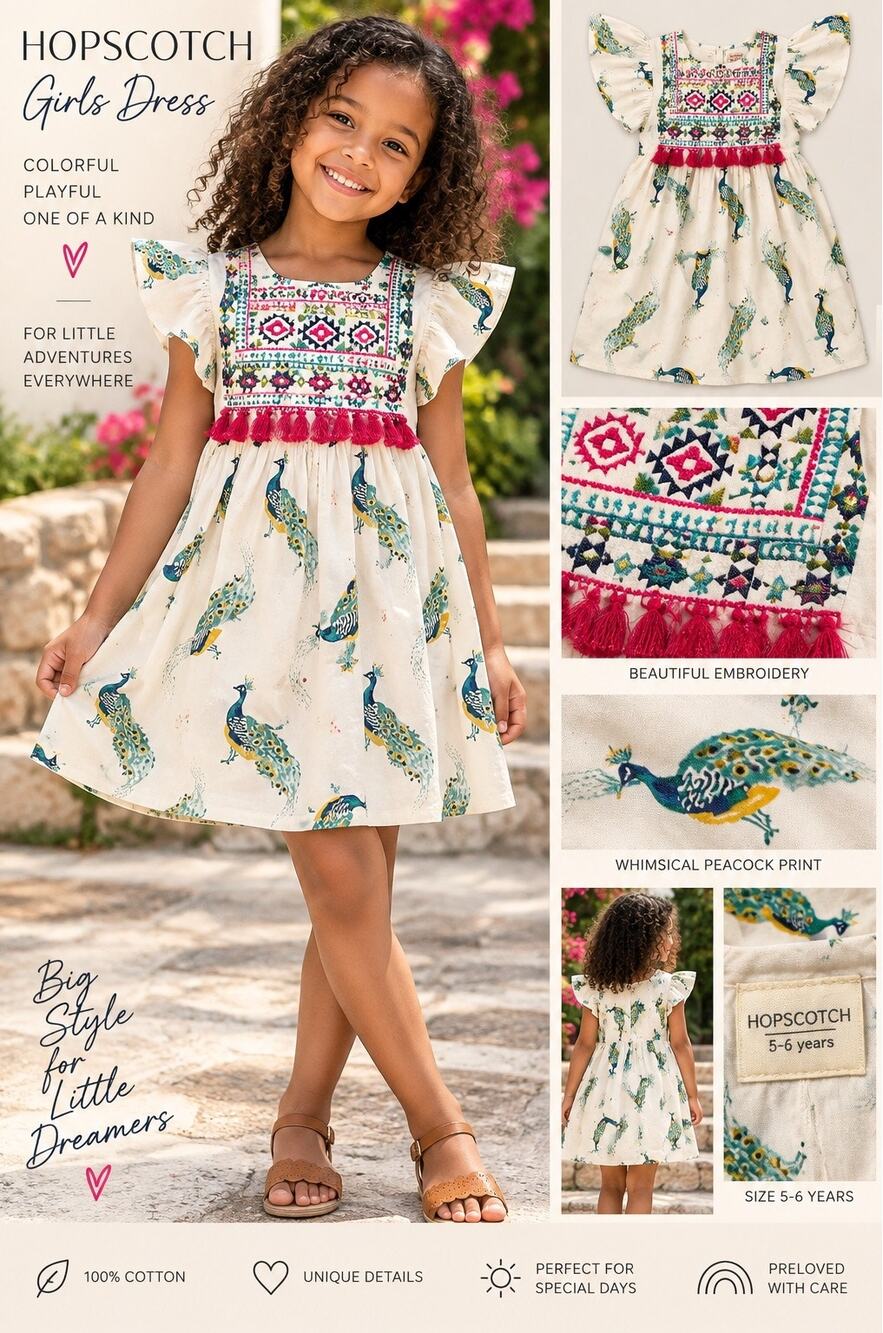 Hopscotch Girls 5-6Y Peacock Embroidered Cotton Boho Dress